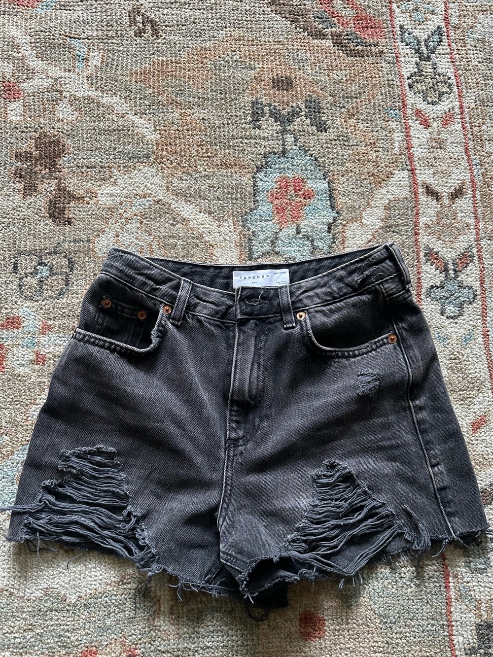 Topshop Black Distressed High-Rise Denim Shorts